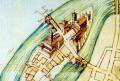 fig.B3 - L'isola
                    con i ponti sbarrati da doppi cancelli in una stampa
                    del 1660