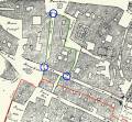 fig.B2 -
                    L'espansione del ghetto con le tre nuove porte in
                    una pianta del 1873